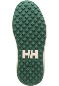 Zelená gumová podrážka boty s texturovaným diamantovým vzorem, na které se nachází bílé logo "HH" a detaily loga. Ploský a zaoblený design.