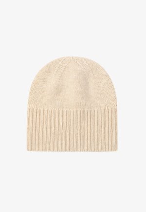 Helebeež värvi kootud beanie, millel on soonikujuline tekstuur. Ümar ülemine osa ja pehme materjal, sobilik külma ilma jaoks. Ilma nähtavate mustrite või aktsentideta.