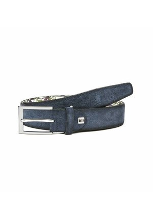Navy blue suede belt with a silver rectangular buckle, featuring a floral-patterned inner lining and smooth texture.