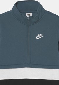 Nike zip-up sweatshirt i teal med hög krage. Har ett vitt och grått horisontellt rand vid fållen, logotypen broderad i vitt.