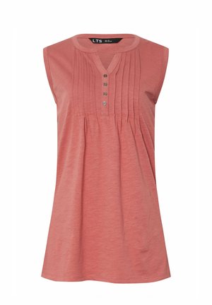 Tunika senza maniche color rosa polvere con scollo rotondo, abbottonatura frontale e pieghe verticali sulla parte superiore del petto.