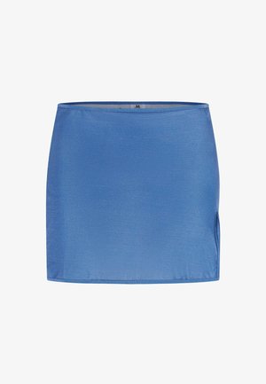 Blauwe mini-rok gemaakt van glanzende, gladde stof. Bevat een zijspleet en een eenvoudige elastische tailleband voor comfortabele draagbaarheid.