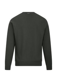 Mørkegrønn genser med langermet, rund hals og ribbestrikkede mansjetter. Teksturen virker glatt med en lett strikket finish.