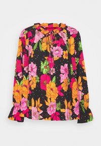 Blusa nera a maniche lunghe con vivaci motivi floreali multicolori, colletto arricciato, dettaglio con fiocco e polsini svasati. Tessuto morbido.