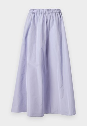 Lavender wide-leg skirt made of lightweight fabric, featuring an elastic waistband, smooth texture, and a flowing silhouette.