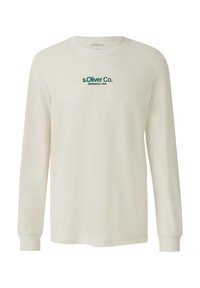 Long-sleeve cream cotton t-shirt with green logo reading "s.Oliver Co. Established 1969" on the chest; classic crew neck and ribbed cuffs.