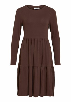 Abito marrone a maniche lunghe con scollatura tonda, trama a coste e gonna a balze. Tessuto liscio con vestibilità comoda e senza elementi hardware visibili.