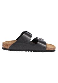Sandalo nero a due cinturini con soletta in sughero, upper in materiale sintetico e suola in gomma. Presenta fascette regolabili e un design sagomato.