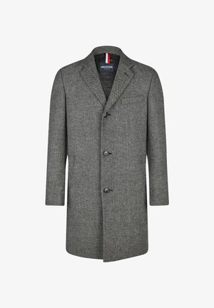 Grijs herringbone wollen jas met drie knopen, geknipte revers en voorzakken, gelabeld Hechter Paris.