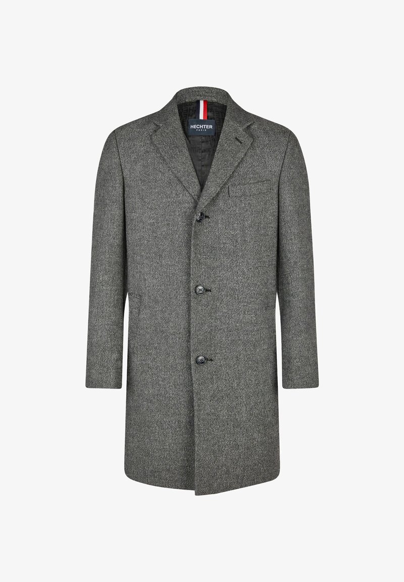 Grijs herringbone wollen jas met drie knopen, geknipte revers en voorzakken, gelabeld Hechter Paris.