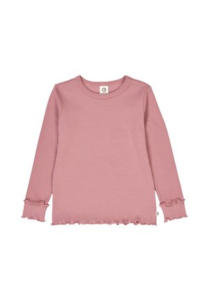 Langärmliges Oberteil aus weichem rosa Baumwollstoff mit gerippter Textur, Rüschen an den Ärmeln und dem Saum sowie Rundhalsausschnitt.