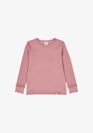 Długi rękaw, bluzka z miękkiej różowej bawełny, z prążkowaną teksturą, falbaniastymi brzegami rękawów i u dołu oraz okrągłym dekoltem.