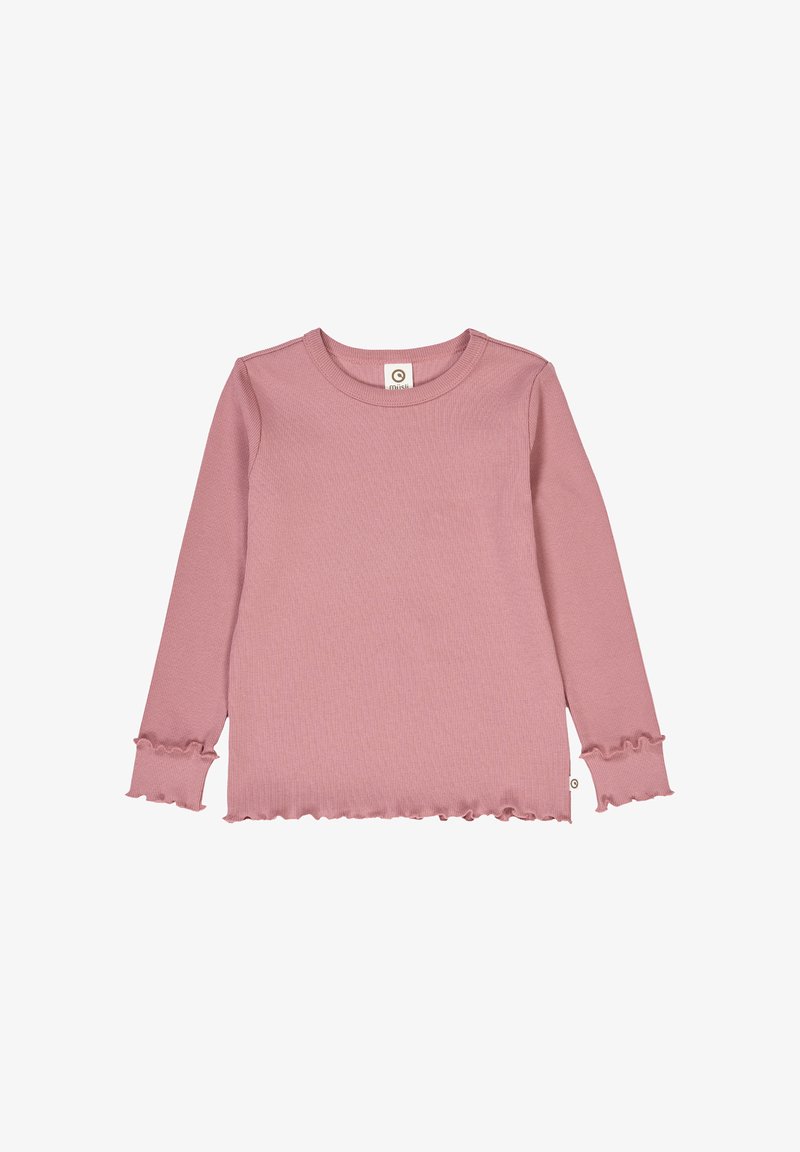 Langärmliges Oberteil aus weichem rosa Baumwollstoff mit gerippter Textur, Rüschen an den Ärmeln und dem Saum sowie Rundhalsausschnitt.