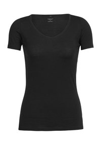 Black short-sleeve t-shirt with a V-neck, made of soft fabric, featuring a fitted design and no visible patterns or accents.