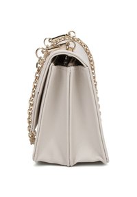 Borsa a tracolla beige con texture, forma strutturata e chiusura con zip. Presenta due scomparti e hardware in tonalità oro.
