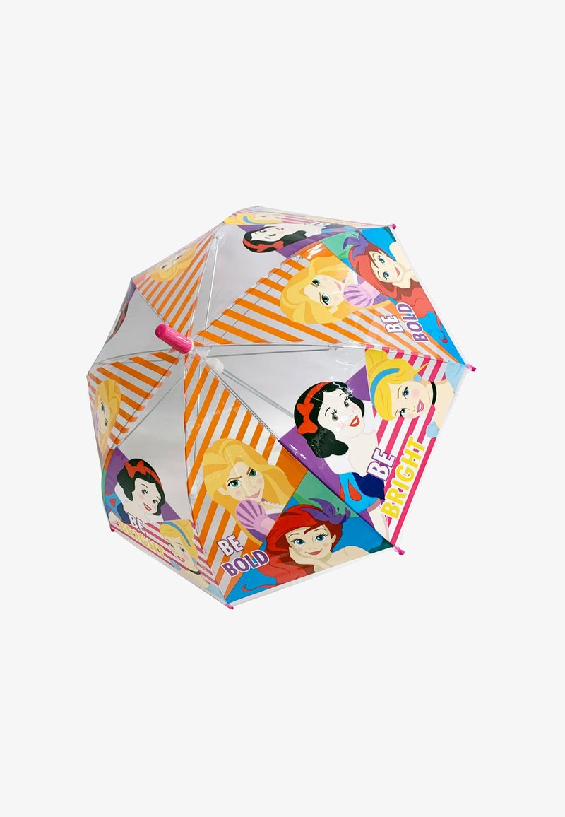 Children's umbrella with a translucent canopy featuring colorful princess portraits, orange and white stripes, pink handle, and accents.
