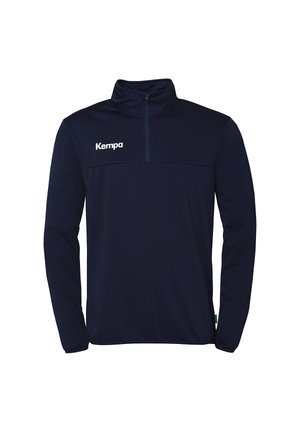Navyblauwe lange mouwen pullover met halve rits kraag, gemaakt van zachte stof, met een witte "Kempa"-logo op de borst.