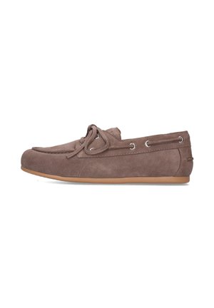 Brown suede moccasin-style shoe with a rounded toe, lace detail, and rubber sole, featuring metal eyelets and a smooth finish.