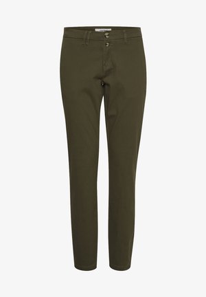 Olivenfargede bukser laget av bomull, med slim fit, to frontlommer og en klassisk knappåpning med glidelås.