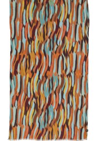 Sciarpa colorata con motivo featuring linee ondulate in arancione, marrone, teal e azzurro chiaro. Morbida al tatto con bordi frangiati e etichetta in tessuto.