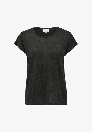 Must mustärge lühikeste varrukatega topp, mis on valmistatud sädeleva materjaliga. Topil on ümmargune kaelus ja mugav lõige, sujuva tekstuuri ja lihtsa disainiga.