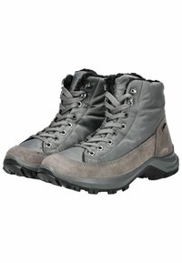 Botas de senderismo de color gris, de media caña, fabricadas en nylon y gamuza, con una suela texturizada, diseño de cordones y un forro interior aislante.