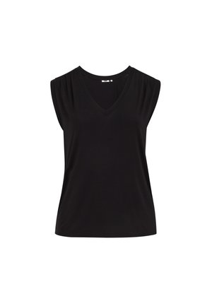 Čierna bezrukávová blúzka s výstrihom do V a jemnými záhybmi na ramenách, zobrazená na bielom pozadí.
