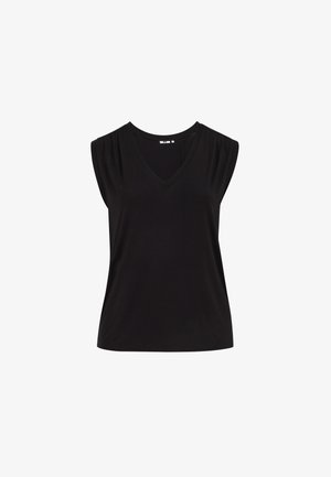 Schwarze ärmellose V-Ausschnitt-Bluse mit leichten Falten an den Schultern, vor weißem Hintergrund dargestellt.