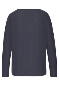 Marineblaues geripptes Strickpullover mit langen Ärmeln, rundem Ausschnitt und subtiler vertikaler Naht entlang der Mitte des Rückens.