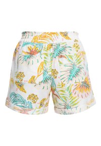 Shorts blancs à taille élastique avec des motifs colorés de feuilles tropicales et de fleurs, ainsi que deux grandes poches arrière.