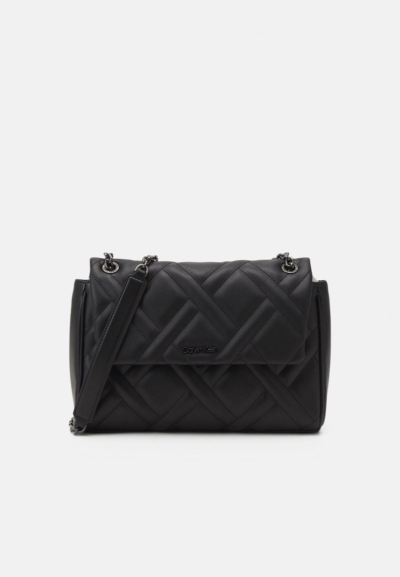 Black quilted leather handbag with a distinctive woven pattern, featuring a flap closure, chain strap, and embossed logo on the front.