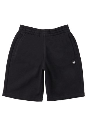 Pantalones cortos negros de algodón con cintura elástica, dos bolsillos laterales y un pequeño logo circular en la pierna izquierda. Textura lisa, largo hasta la rodilla.