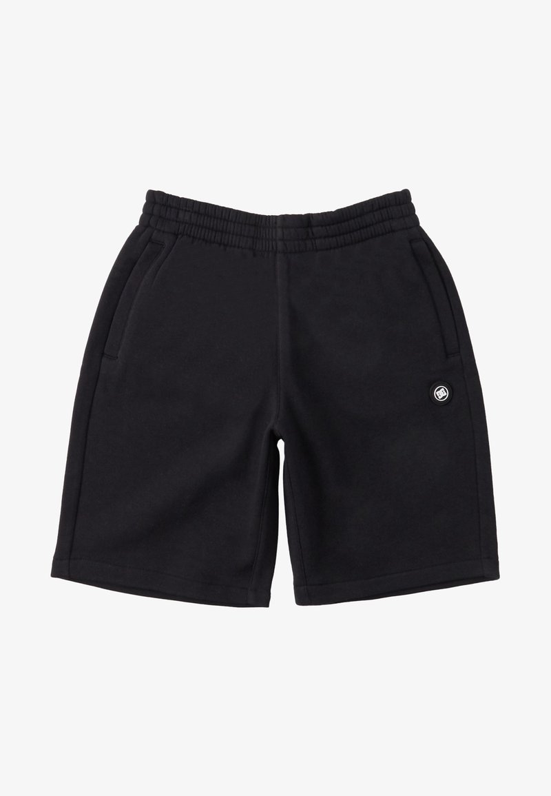 Shorts en coton noirs avec une taille élastique, deux poches latérales et un petit logo circulaire sur la jambe gauche. Texture lisse, longueur au niveau des genoux.