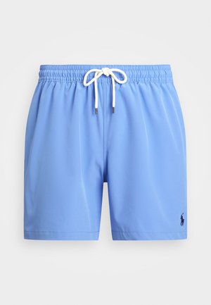 Șorturi de baie bleu deschis, realizate dintr-un material neted, având un elastic cu cordon ajustabil și accente bej, precum și un mic logo închis la culoare pe partea stângă.