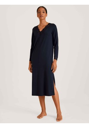 Navy blue nightdress with long sleeves, lace neckline, and side slits. Soft fabric with a smooth texture and relaxed fit.