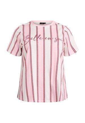 Svetlo roza majica širšega kroja z maroon vertikalnimi črtami in napisom "Belle en soi" v pisanem črkovanju, bombažni material, okrogla ovratnika, kratki rokavi.