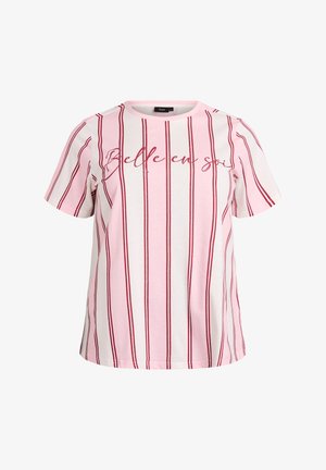 Hele roosa lõdva lõikega T-särk, millel on marooni vertikaalsed triibud ja tekst "Belle en soi" käekirjas, puuvillane materjal, ümmargune kaelus, lühikesed varrukad.