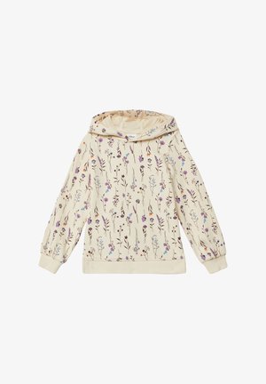 Kremowa bluza z kapturem, z prążkowanymi mankietami i dołem, zdobiona wzorem małych fioletowych, niebieskich i pomarańczowych dzikich kwiatów oraz cienkimi brązowymi łodygami.