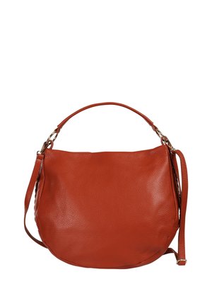 Large reddish-brown leather handbag with a single top handle and a detachable shoulder strap against a white background.