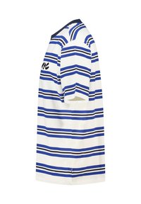 White t-shirt with blue and black horizontal stripes, short sleeves, a rounded neckline, and a printed design on the front.