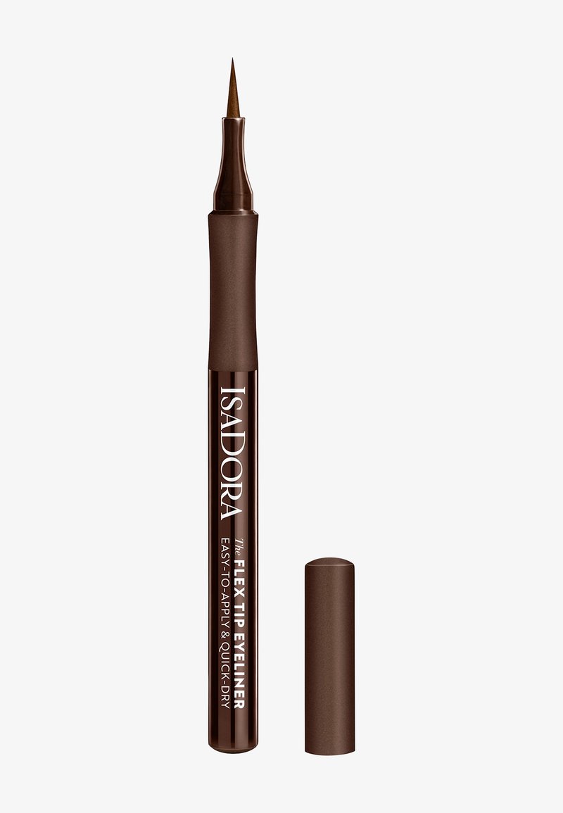 Eyeliner brun à embout flexible avec un applicateur effilé. Le tube présente une finition brillante et un texte de marque blanc. Bouchon inclus, design élégant.