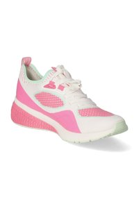 Athletic shoe with a white mesh upper, pink accents, and a textured pink sole. Features lace closure and padded collar for comfort.