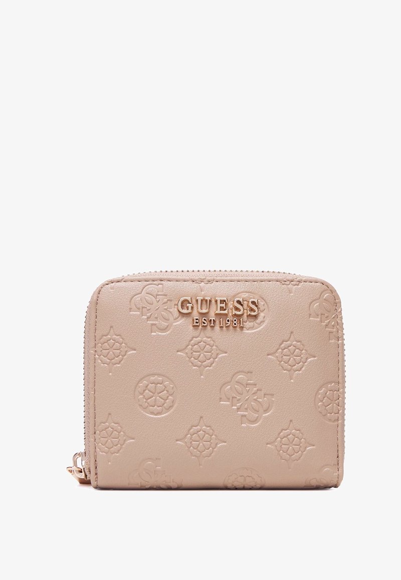 Portafoglio beige con pattern a logo in rilievo, accessori in oro e superficie texture. Caratterizzato da angoli arrotondati e chiusura con zip liscia.