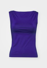 Haut sans manches violet en matière lisse et extensible. Présente une coupe ajustée avec un drapé léger au niveau de l'encolure et des côtés.