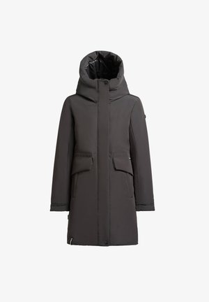 Mustalöögiga paks parka, millel on kõrge krae ja suur kapuuts. sisaldab kahte esimest taskut, lukkude sulgemist ja sujuvat, mati tekstuuri.