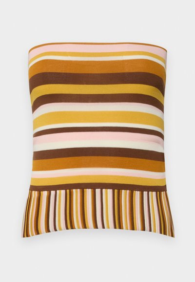 Top senza spalline a costine con righe orizzontali nelle tonalità di marrone, giallo e rosa, con orlo svasato di strisce sottili alternate.