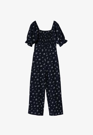 Marineblå jumpsuit med hvidt blomsterprint, firkantet halsudskæring, pufærmer, smocket krop og vid bukseben for en afslappet pasform.