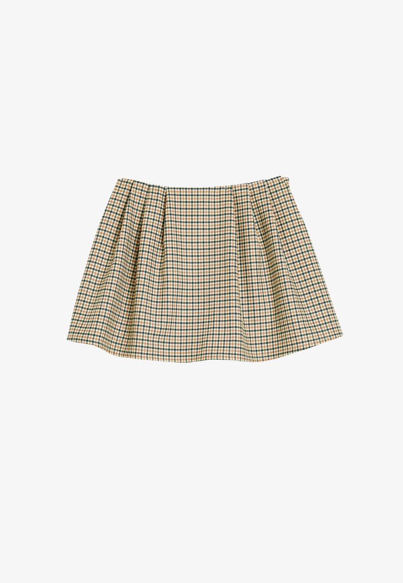 Geruite rok met groene, bruine en crèmekleurige tonen, geplooid ontwerp en een uitlopende silhouette. Gemaakt van lichtgewicht stof.