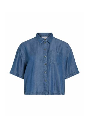 Blå kortærmet denim skjorte med krave og enkelt brystlomme, cropped pasform.