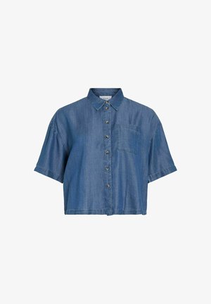Chemise en denim bleue à manches courtes avec col et une poche poitrine, coupe courte.